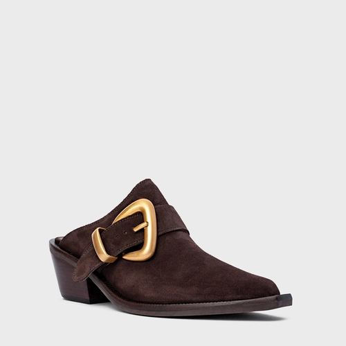 Mule Western Buckle Salto Bloco Couro Suede Marrom Ganache