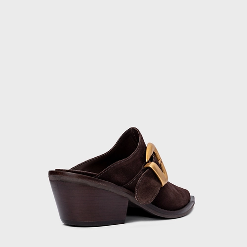 Mule Western Buckle Salto Bloco Couro Suede Marrom Ganache