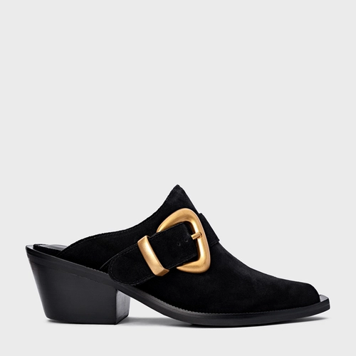 Mule Western Buckle Salto Bloco Couro Suede Preto