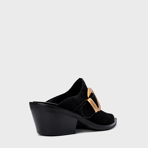 Mule Western Buckle Salto Bloco Couro Suede Preto