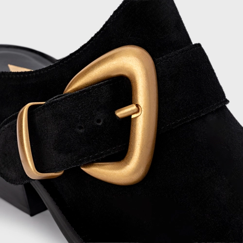 Mule Western Buckle Salto Bloco Couro Suede Preto