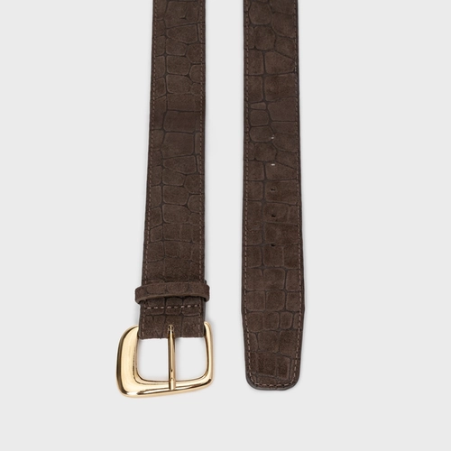 Cinto Western Buckle Grosso Couro Croco Suede Marrom Dark Brown