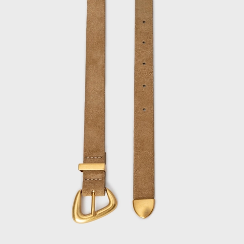 Cinto Western Buckle Fino Couro Suede Bege Almond