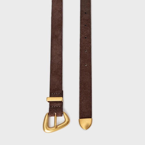 Cinto Western Buckle Fino Couro Suede Marrom Ganache