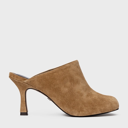 Mule Blown Salto Fino Couro Suede Bege Almond