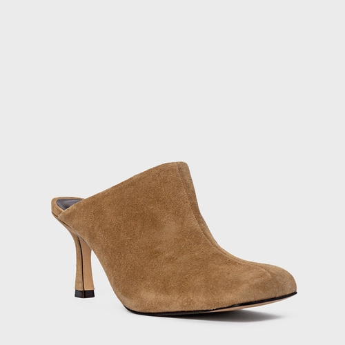 Mule Blown Salto Fino Couro Suede Bege Almond