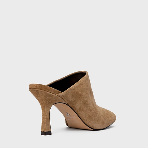 Mule Blown Salto Fino Couro Suede Bege Almond