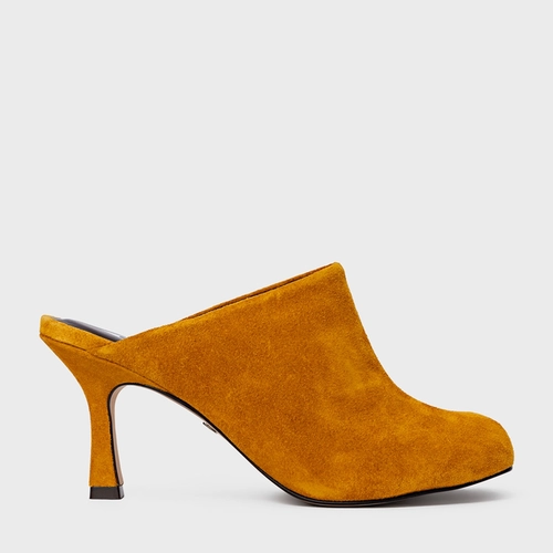 Mule Blown Salto Fino Couro Suede Amarelo Curcuma