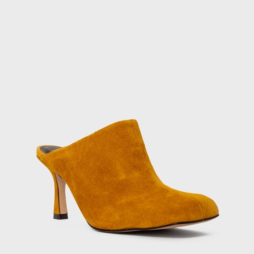 Mule Blown Salto Fino Couro Suede Amarelo Curcuma