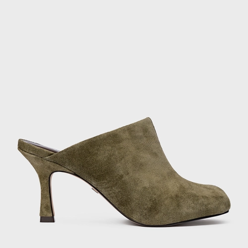 Mule Blown Salto Fino Couro Suede Verde Army Green