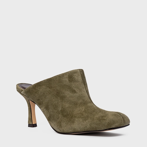 Mule Blown Salto Fino Couro Suede Verde Army Green