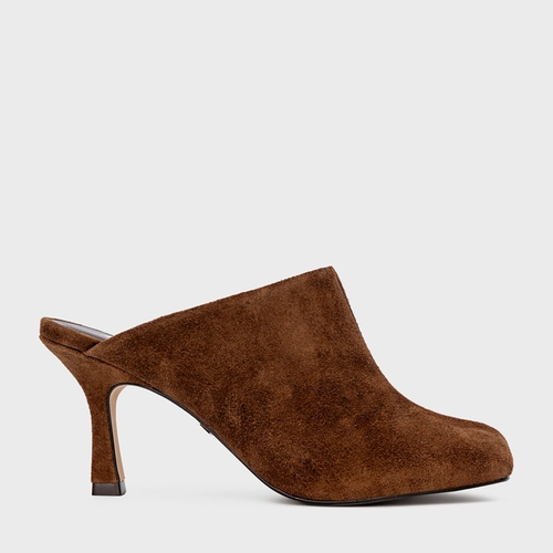Mule Blown Salto Fino Couro Suede Marrom Brownie