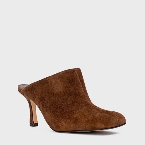 Mule Blown Salto Fino Couro Suede Marrom Brownie
