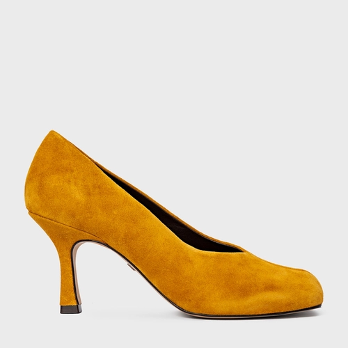 Scarpin Blown Salto Fino Couro Suede Amarelo Curcuma