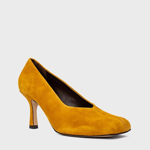 Scarpin Blown Salto Fino Couro Suede Amarelo Curcuma