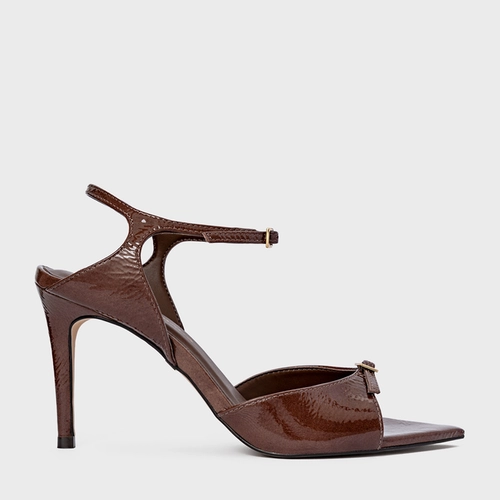 Sandália Heritage Bico Folha Salto Fino Couro Verniz Marrom Brownie