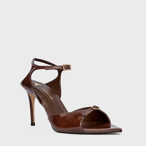 Sandália Heritage Bico Folha Salto Fino Couro Verniz Marrom Brownie