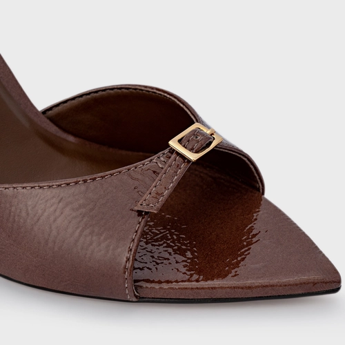 Sandália Heritage Bico Folha Salto Fino Couro Verniz Marrom Brownie