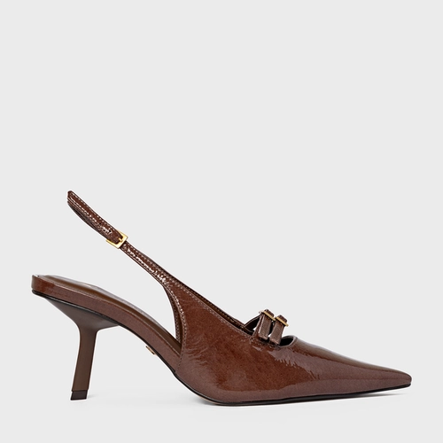 Scarpin Slingback Heritage Salto Fino Médio Couro Verniz Marrom Brownie