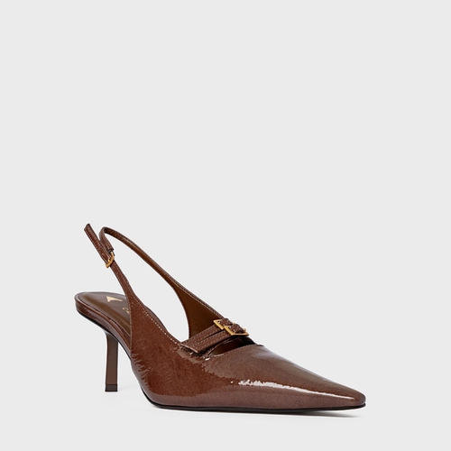 Scarpin Slingback Heritage Salto Fino Médio Couro Verniz Marrom Brownie