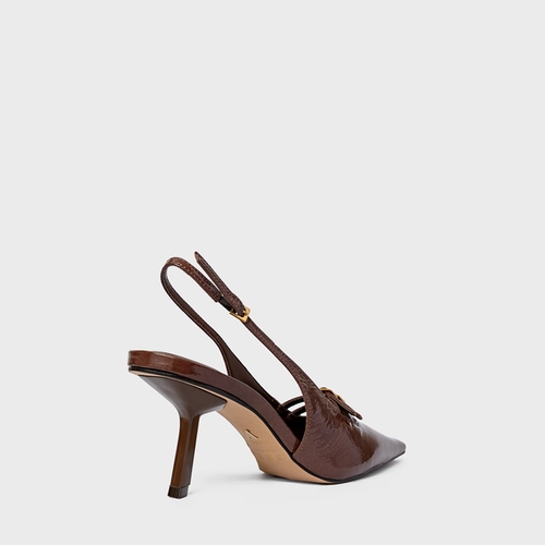 Scarpin Slingback Heritage Salto Fino Médio Couro Verniz Marrom Brownie