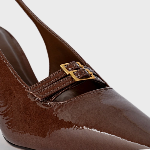 Scarpin Slingback Heritage Salto Fino Médio Couro Verniz Marrom Brownie