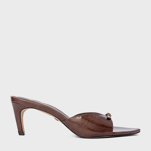 Open Mule Heritage Salto Fino Couro Verniz Marrom Brownie