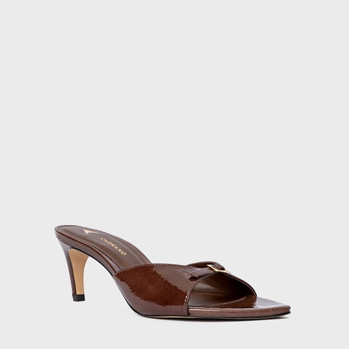 Open Mule Heritage Salto Fino Couro Verniz Marrom Brownie