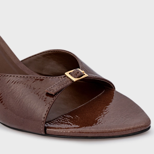 Open Mule Heritage Salto Fino Couro Verniz Marrom Brownie