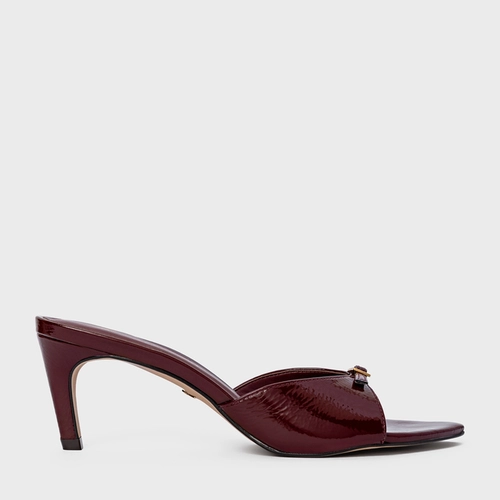 Open Mule Heritage Salto Fino Couro Verniz Vinho Mahogany