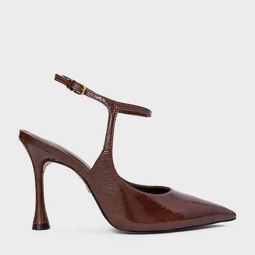 Scarpin Slingback Heritage Salto Fino Couro Verniz Marrom Brownie