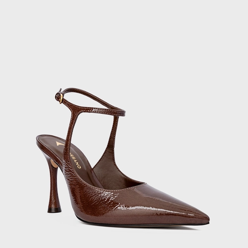 Scarpin Slingback Heritage Salto Fino Couro Verniz Marrom Brownie