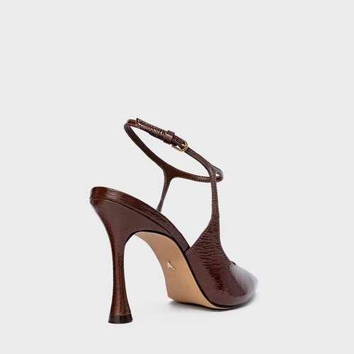 Scarpin Slingback Heritage Salto Fino Couro Verniz Marrom Brownie