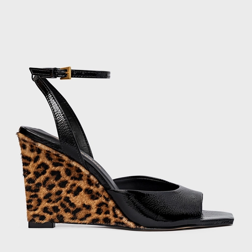 Sandália Heritage Salto Anabela Em Pelo Couro Verniz Preto