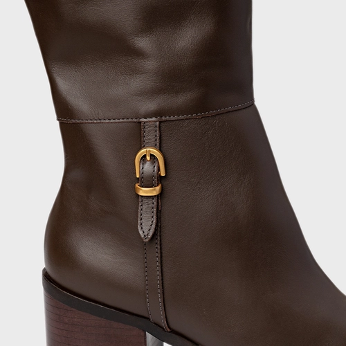 Bota Eternal Cano Alto Salto Bloco Couro Marrom Dark Brown