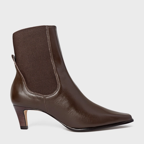 Bota Basic Elástico Salto Fino Couro Marrom Dark Brown