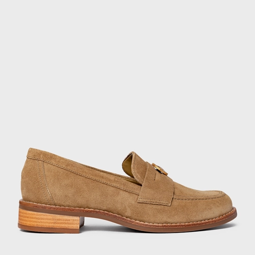 Loafer Coin Couro Suede Bege Almond