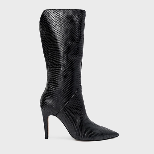 Bota Bico Alongado Cano Alto Couro Snake Preto