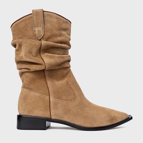 Bota Western Slouchy Couro Suede Bege Almond