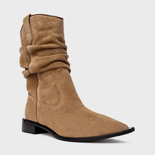 Bota Western Slouchy Couro Suede Bege Almond