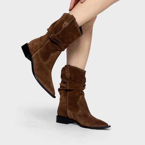 Bota Western Slouchy Couro Suede Marrom Brownie