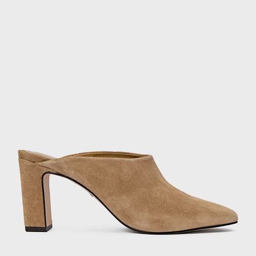 Mule Essential Salto Bloco Couro Suede Bege Almond