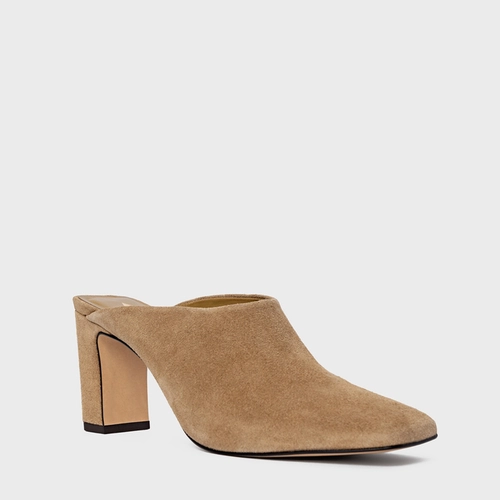 Mule Essential Salto Bloco Couro Suede Bege Almond