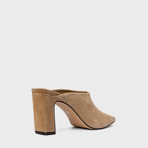 Mule Essential Salto Bloco Couro Suede Bege Almond