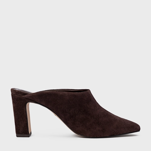 Mule Essential Salto Bloco Couro Suede Marrom Ganache