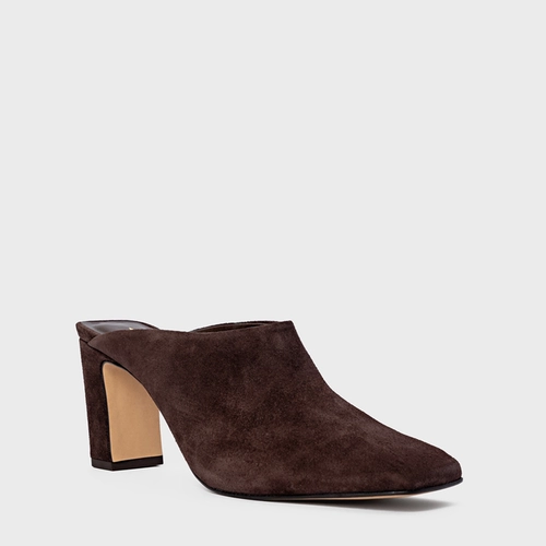 Mule Essential Salto Bloco Couro Suede Marrom Ganache