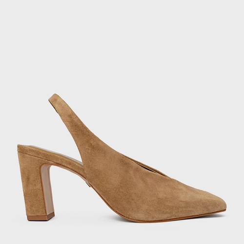 Scarpin Slingback Essential Salto Bloco Couro Suede Bege Almond