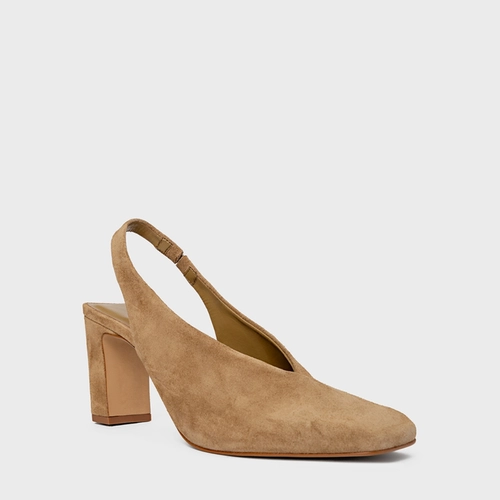 Scarpin Slingback Essential Salto Bloco Couro Suede Bege Almond