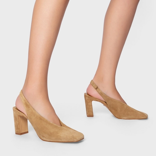 Scarpin Slingback Essential Salto Bloco Couro Suede Bege Almond
