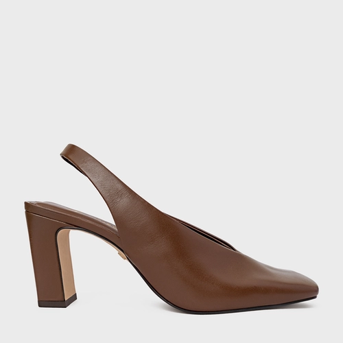 Scarpin Slingback Essential Salto Bloco Couro Marrom Brownie